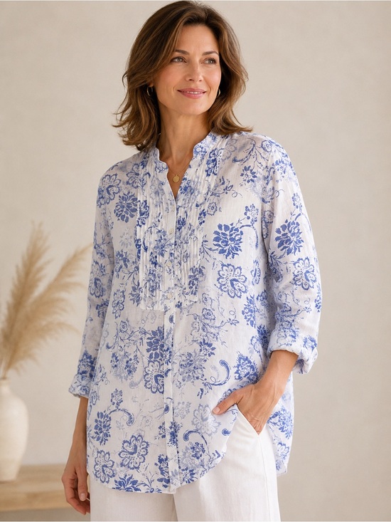 L.L. Bean Tops - L.L.Bean 100% Linen Floral Button Front Blouse Blue White XL Mandarin Collar